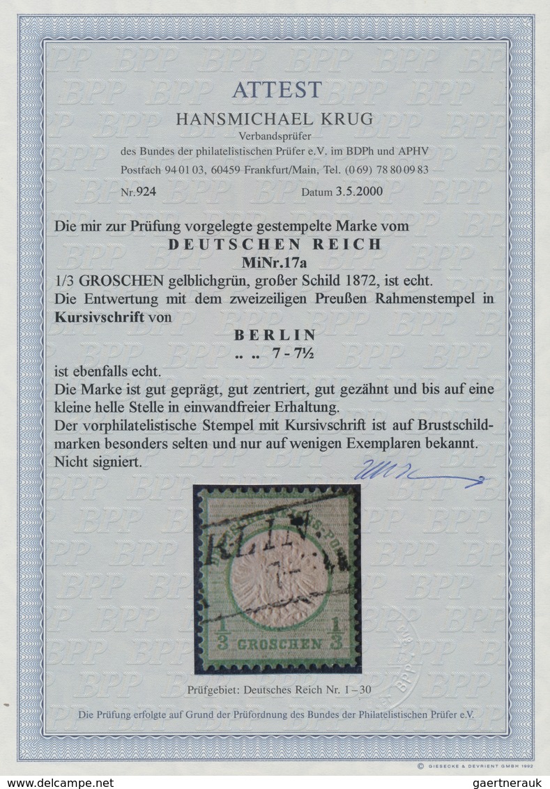 Deutsches Reich - Brustschild: 1872, Großer Schild 1/3 Gr. Grün Mit Hofpostamts-KURSIV-Ra2 "BERLIN . - Storia Postale