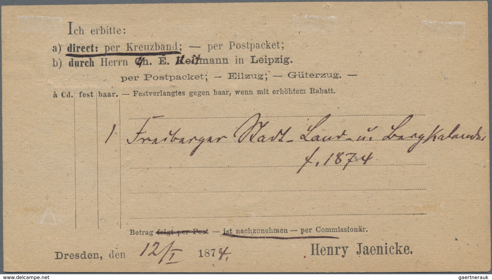 Deutsches Reich - Brustschild: 1872, Großer Schild 1/3 Gr. (dunkel)grün Auf Vordruck-Bücherzettel Mi - Storia Postale