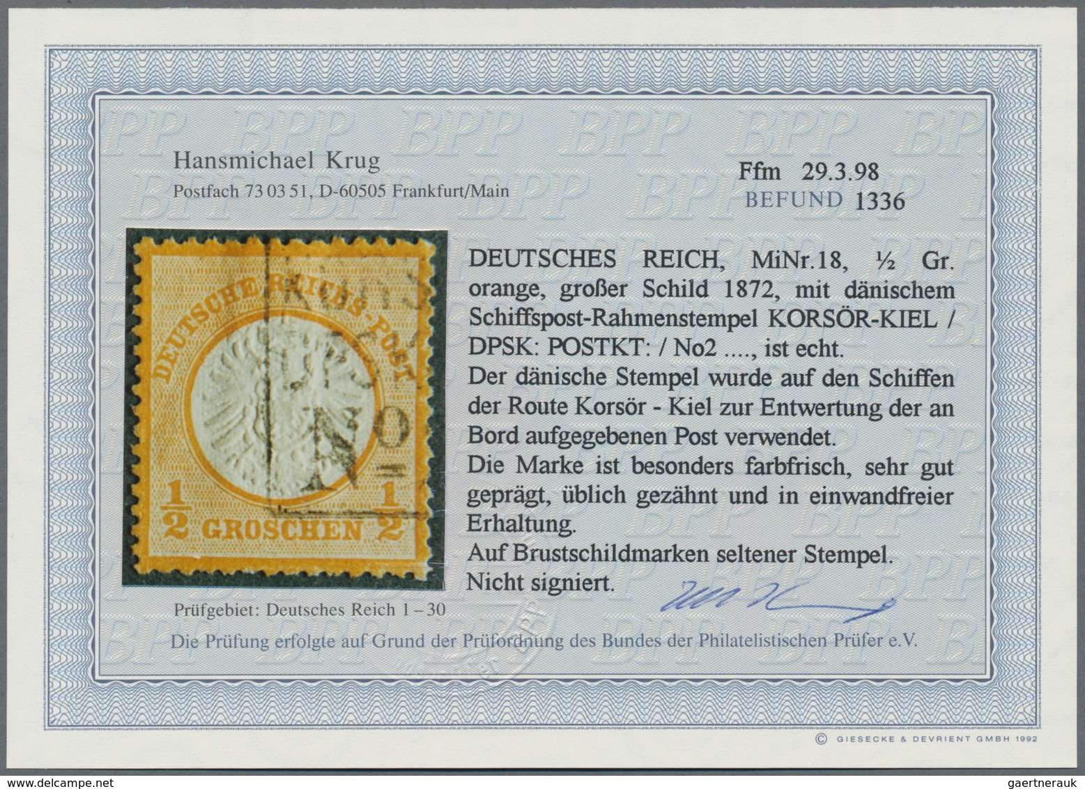 Deutsches Reich - Brustschild: 1872, Großer Schild ½ Gr Orange Mit Ra3 "KORSÖR-KIEL DPSK: POSTKT No. - Storia Postale