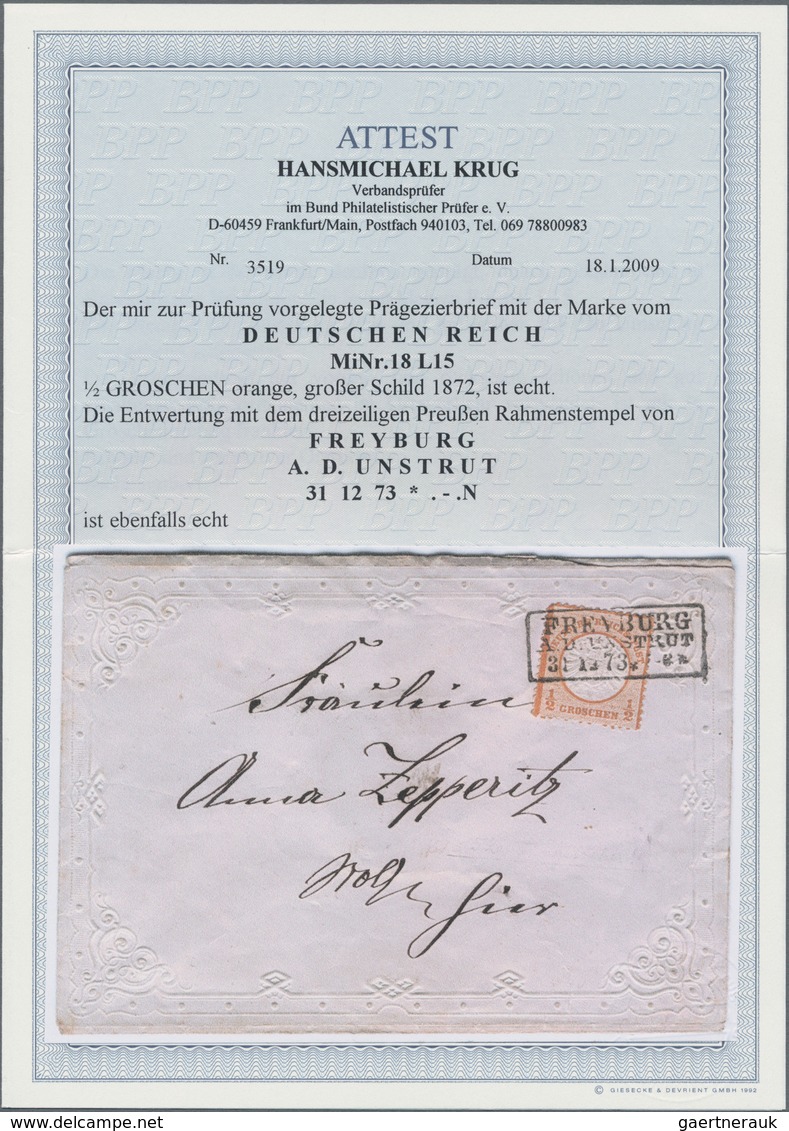 Deutsches Reich - Brustschild: 1872, Großer Schild ½ Gr. Orange Auf PRÄGE-ZIERBRIEF Mit Ra3 "FREYBUR - Storia Postale