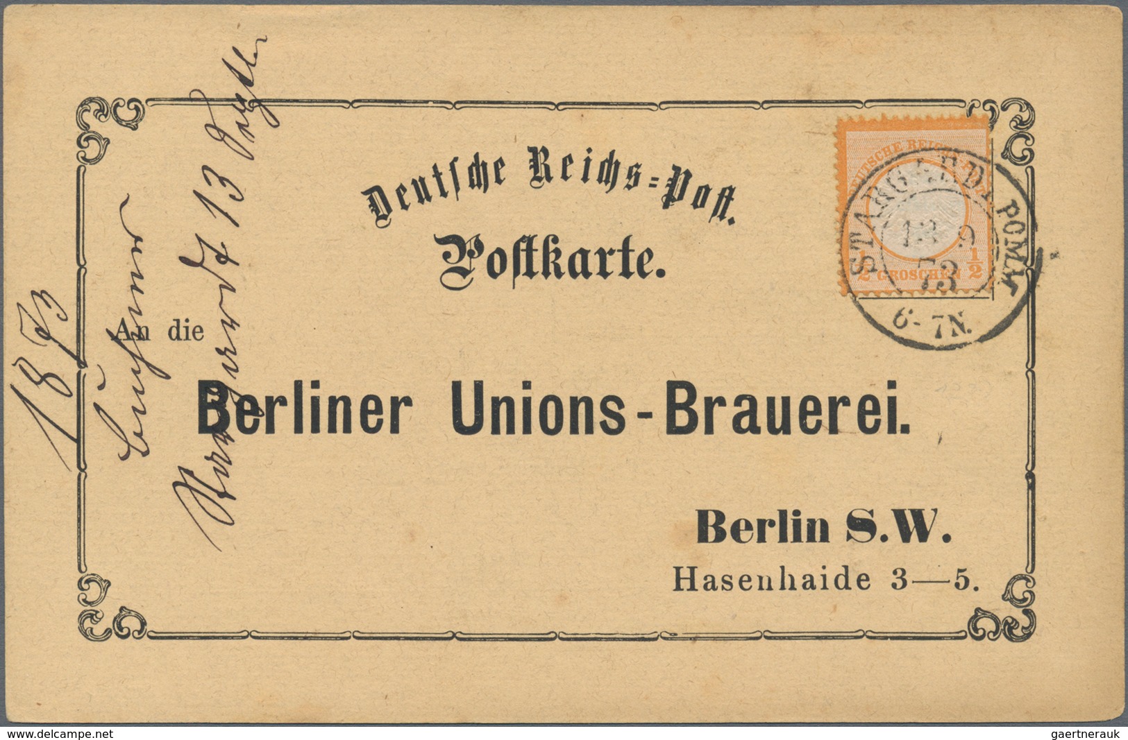 Deutsches Reich - Brustschild: 1872 Großer Schild ½ Gr Orange A. Vordruckkarte "Berliner Unions Brau - Storia Postale