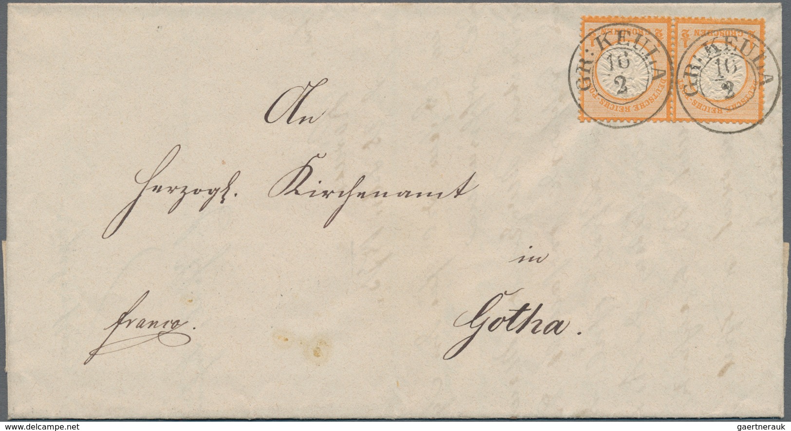Deutsches Reich - Brustschild: 1872, Großer Schild ½ Gr Orange Im Paar Mit Preussen-K2 "GR: KEULA 10 - Storia Postale