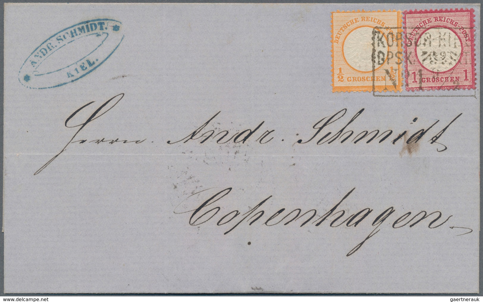 Deutsches Reich - Brustschild: 1872, Brief ½Gr.+1Gr. Mit DÄNISCHEM SCHIFFPOST-Ra3 "KORSOR KIEL DPSK - Storia Postale