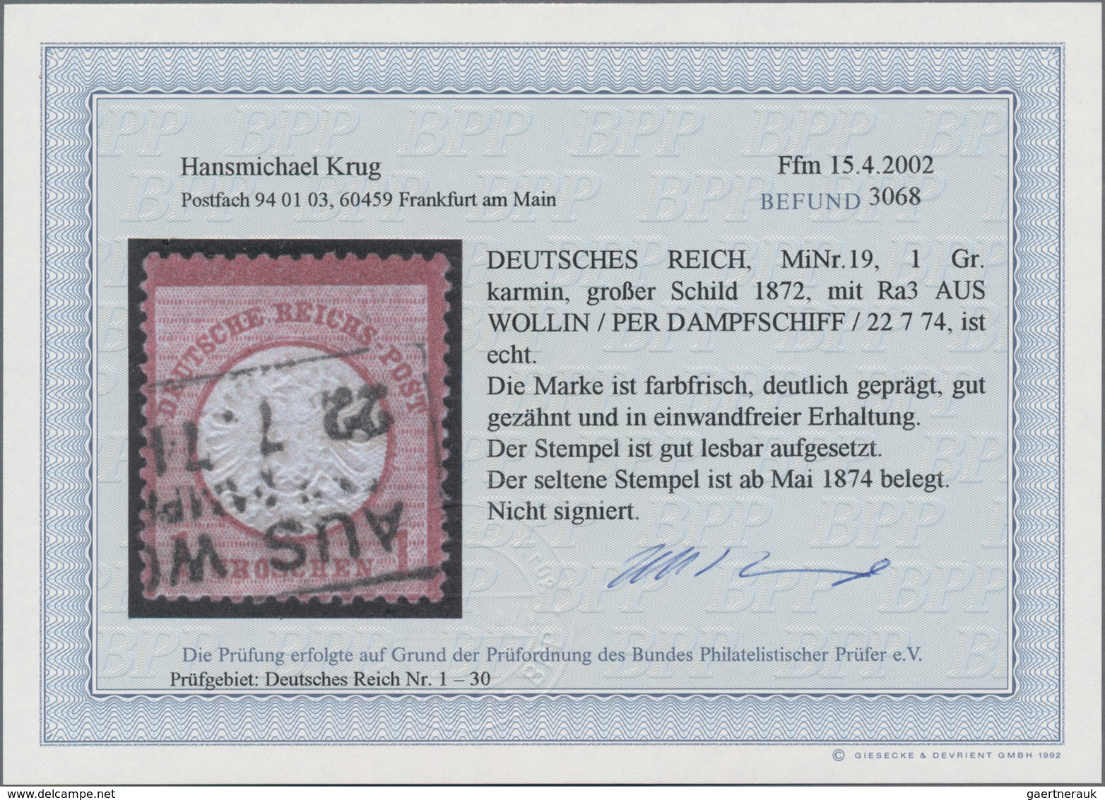 Deutsches Reich - Brustschild: 1872, Großer Schild 1 Gr Karmin Mit Seltenem Ra3 "AUS WOLLIN PER DAMP - Storia Postale