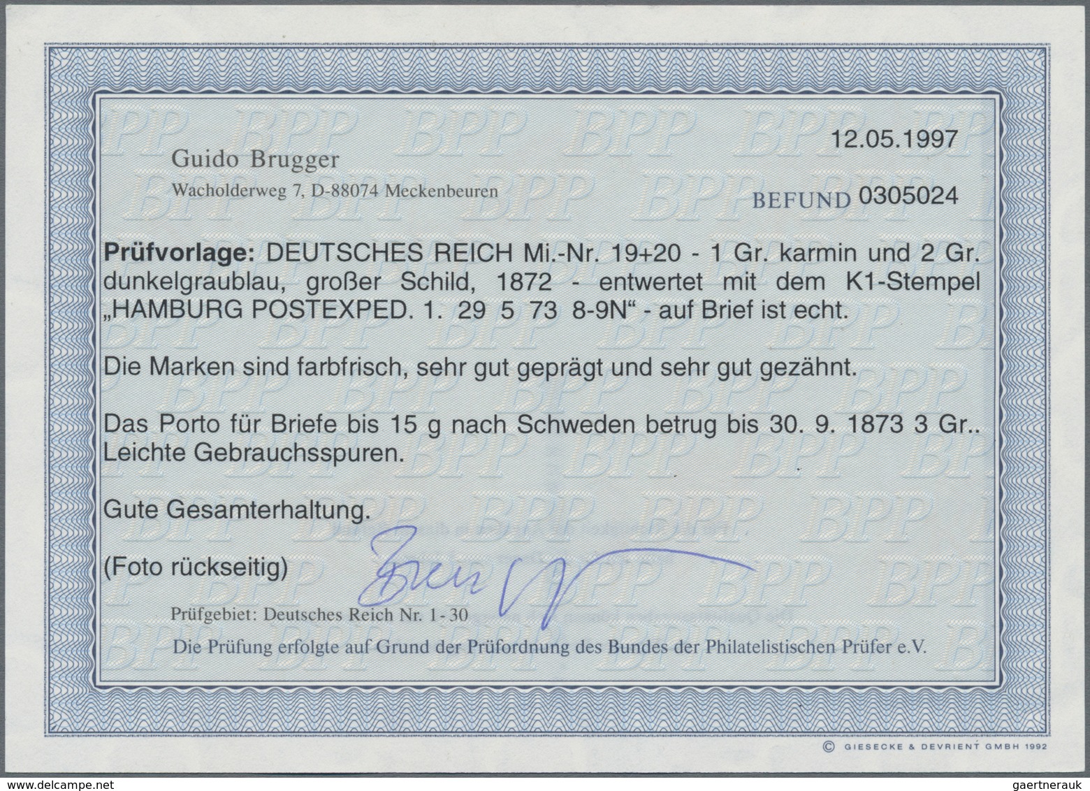 Deutsches Reich - Brustschild: 1872, Großer Schild 1 Gr Und 2 Gr Auf Vordruck-Brief Von Hamburg 29 5 - Storia Postale