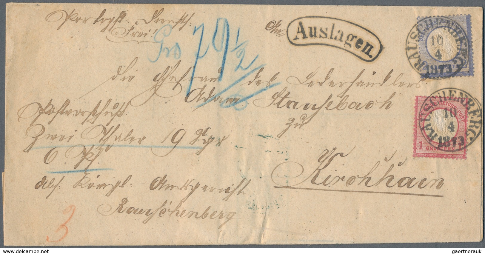 Deutsches Reich - Brustschild: 1872, Großer Schild 1 Gr Und 2 Gr Auf "Auslagen"-Brief Von Rauschenbe - Storia Postale