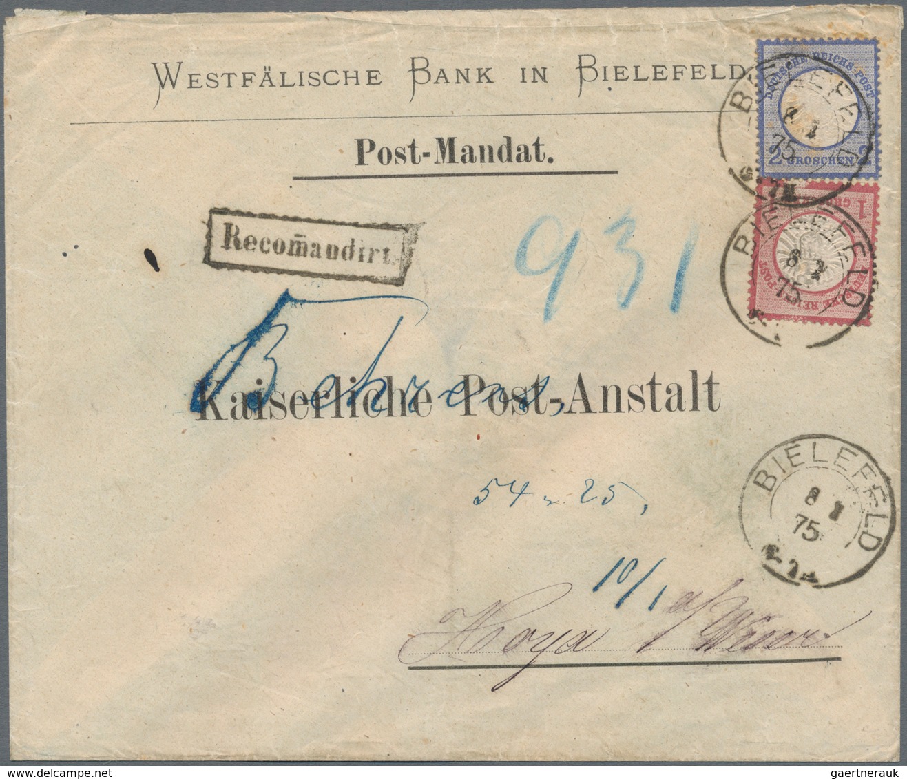 Deutsches Reich - Brustschild: 1872 Großer Schild 1 Gr. Karmin Und 2 Gr. Blau Auf Vordruck-POSTMANDA - Storia Postale