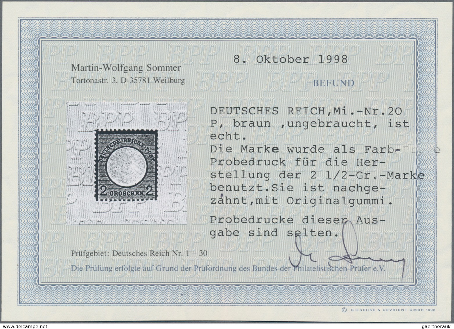 Deutsches Reich - Brustschild: 1872, 2 Groschen Braun Großer Schild Als FARBPROBEDRUCK Für Die Herst - Storia Postale