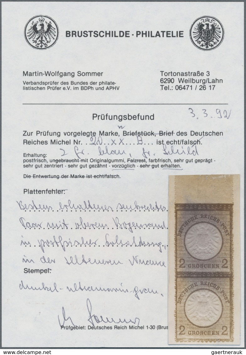 Deutsches Reich - Brustschild: 1872, Großer Schild 2 Gr. Postfrisch Im Senkrechten Oberrand-Paar In - Storia Postale