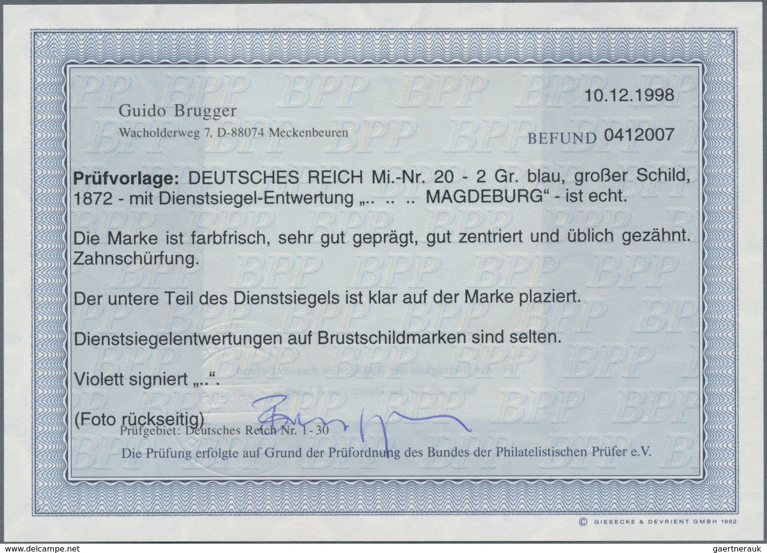 Deutsches Reich - Brustschild: 1872, Großer Schild 2 Gr. Blau Mit Seltenem REICHSADLER-SIEGELSTEMPEL - Storia Postale