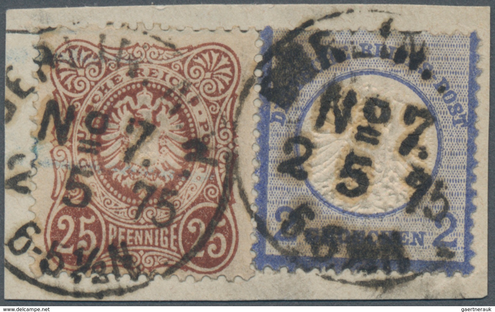 Deutsches Reich - Brustschild: 1872 Großer Schild 2 Gr. Blau + 25 Pfennige Rotbraun Auf Briefstück M - Storia Postale