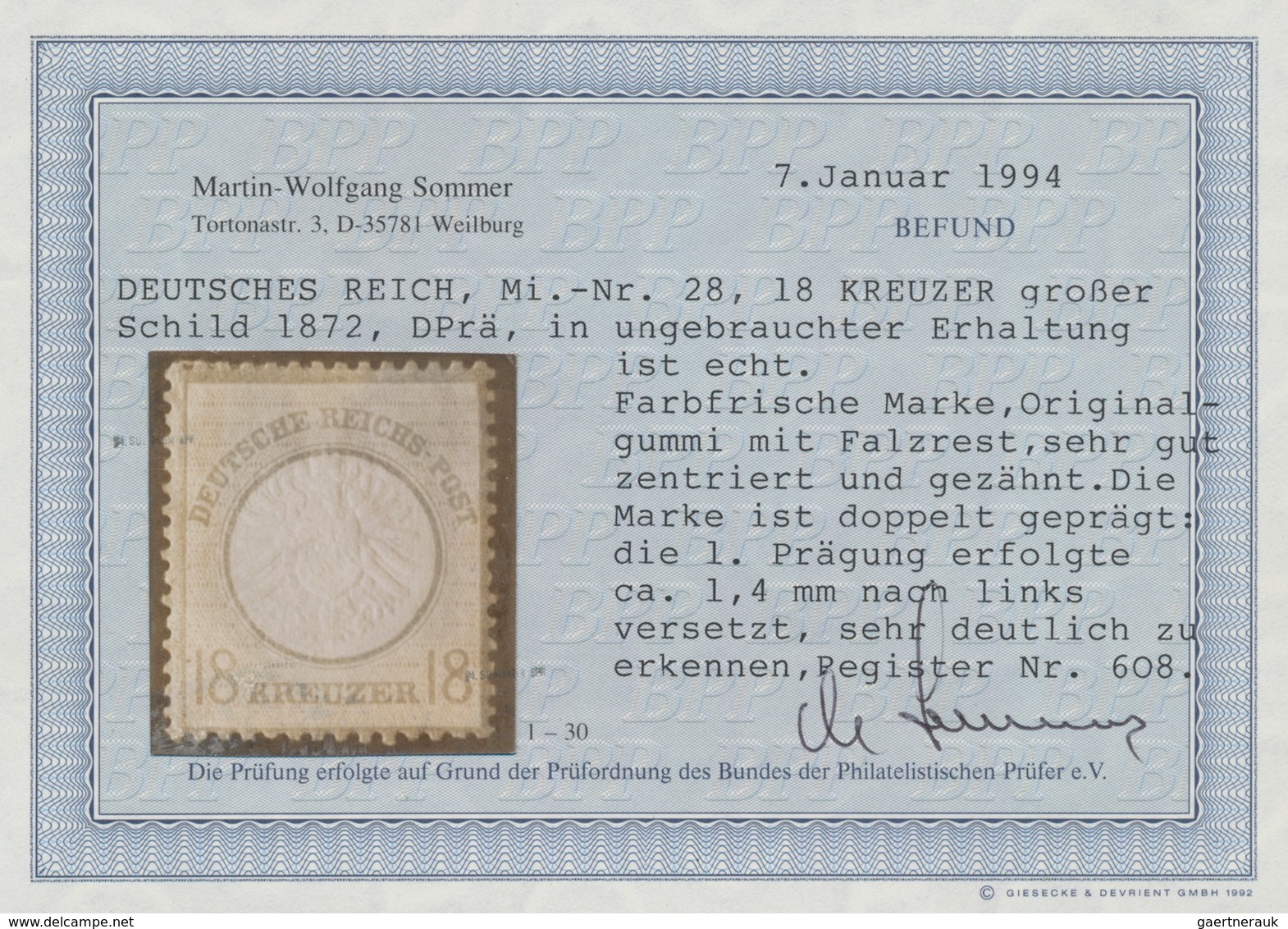 Deutsches Reich - Brustschild: 1872, Großer Schild 5 Gr. Graubraun Ungebraucht Mit Doppelprägung Des - Storia Postale