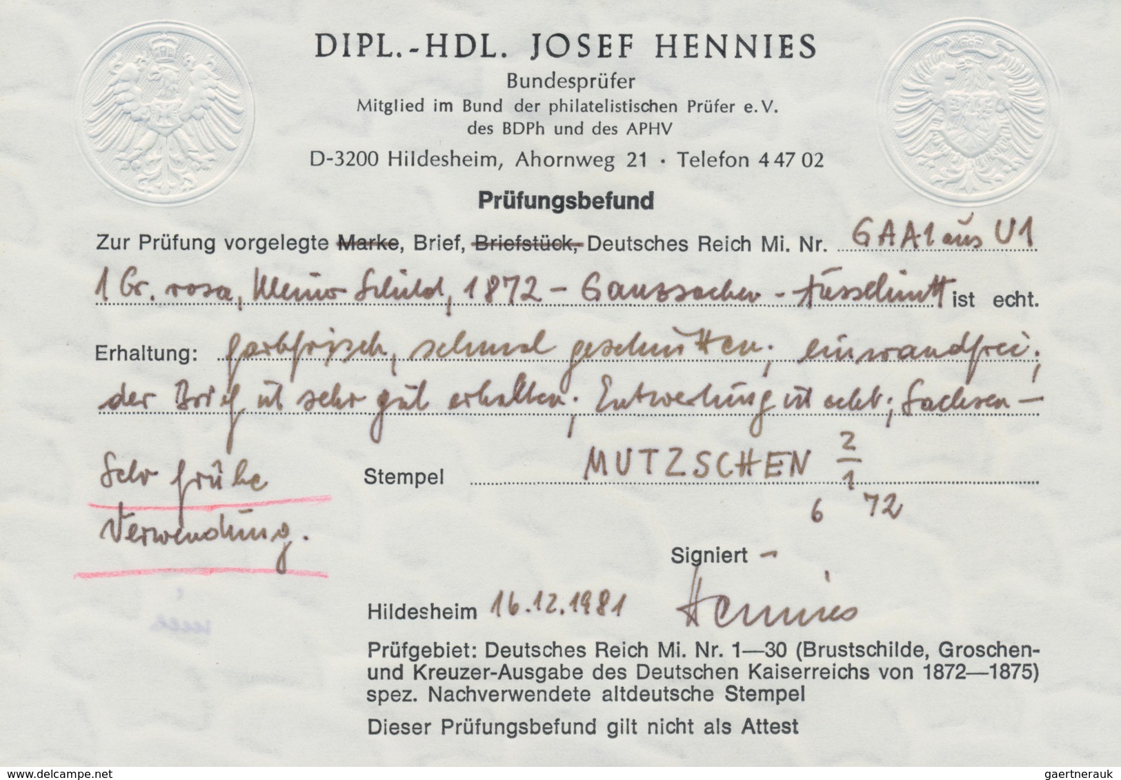 Deutsches Reich - Brustschild: 1872 GA-Ausschnitt 1 Gr. Auf Brief Vom ZWEITEN VERWENDUNGSTAG "MUTZSC - Brieven En Documenten