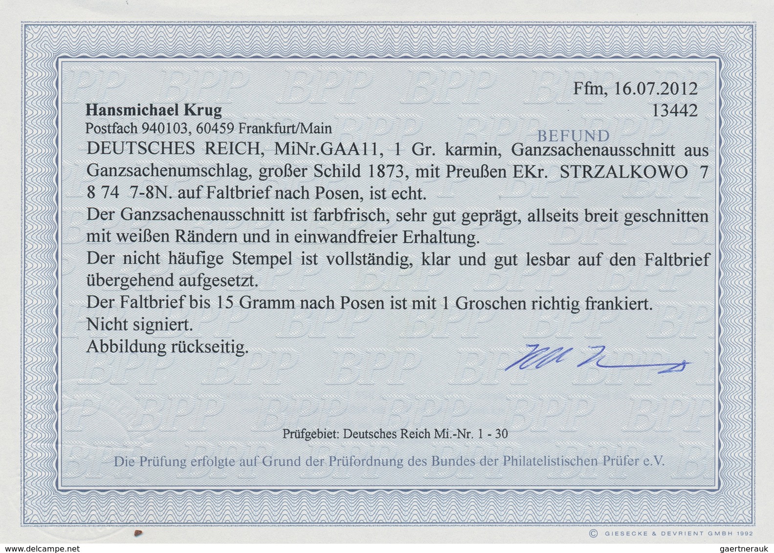Deutsches Reich - Brustschild: 1872, 1 Gr. Großer Schild Als Ganzsachenausschnitt (Wertstempel Ohne - Storia Postale