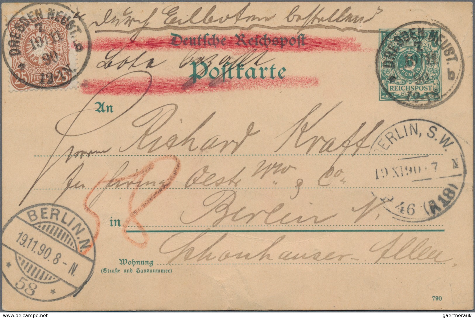 Deutsches Reich - Pfennig: 1890, 25 Pfennig Als Zusatzfrankatur Auf 5 Pf Krone/Adler Ganzsachenkarte - Ongebruikt