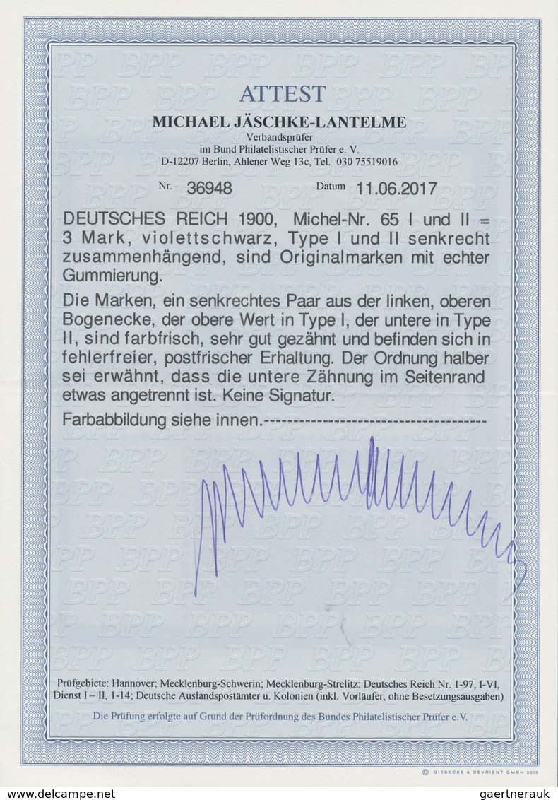 Deutsches Reich - Germania: 1900, 3 Mark Reichspost Violettschwarz, Postfrisches Senkrechtes Typenpa - Nuovi