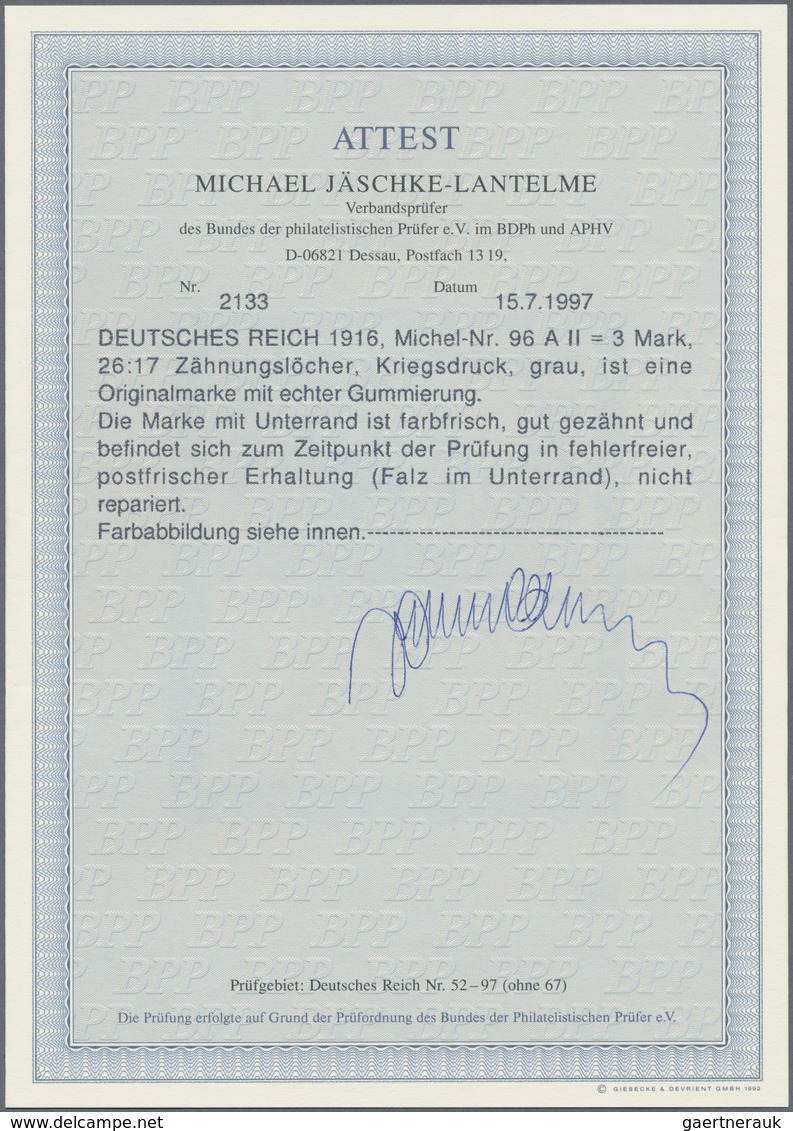 Deutsches Reich - Germania: 1916, 3 Mark Germania Kriegsdruck Mit 26:17 Zähnungslöchern Postfrisch V - Nuovi
