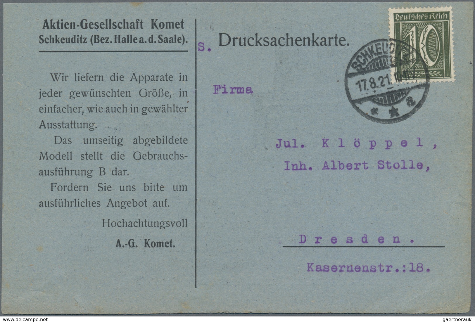 Deutsches Reich - Inflation: 1921, Drucksachenkarte Mit Seltener Einzelfrankatur 10 Pfg Ziffer Wasse - Nuovi