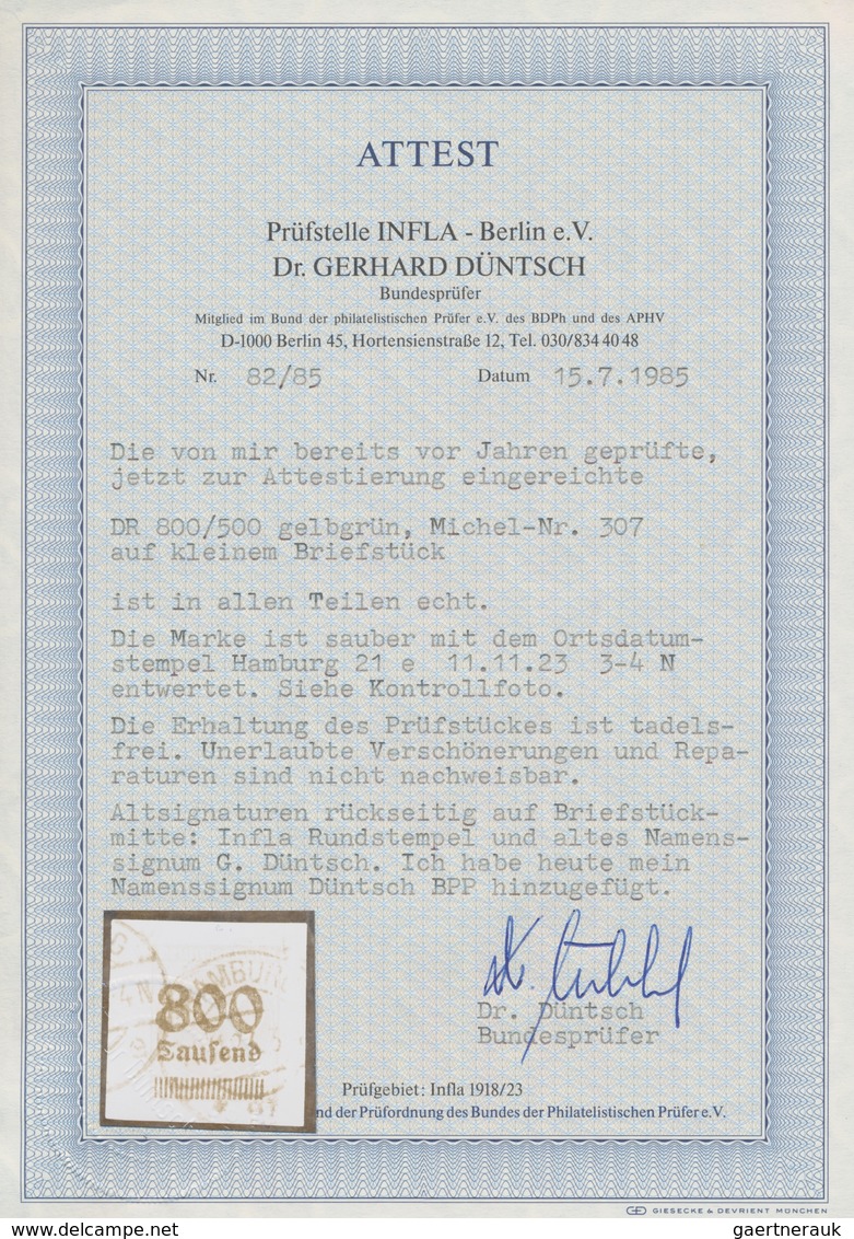 Deutsches Reich - Inflation: 1923, 800 Tsd. Auf 500 M. Gelbgrün, Gebraucht Auf Kleinem Briefstück Un - Nuovi