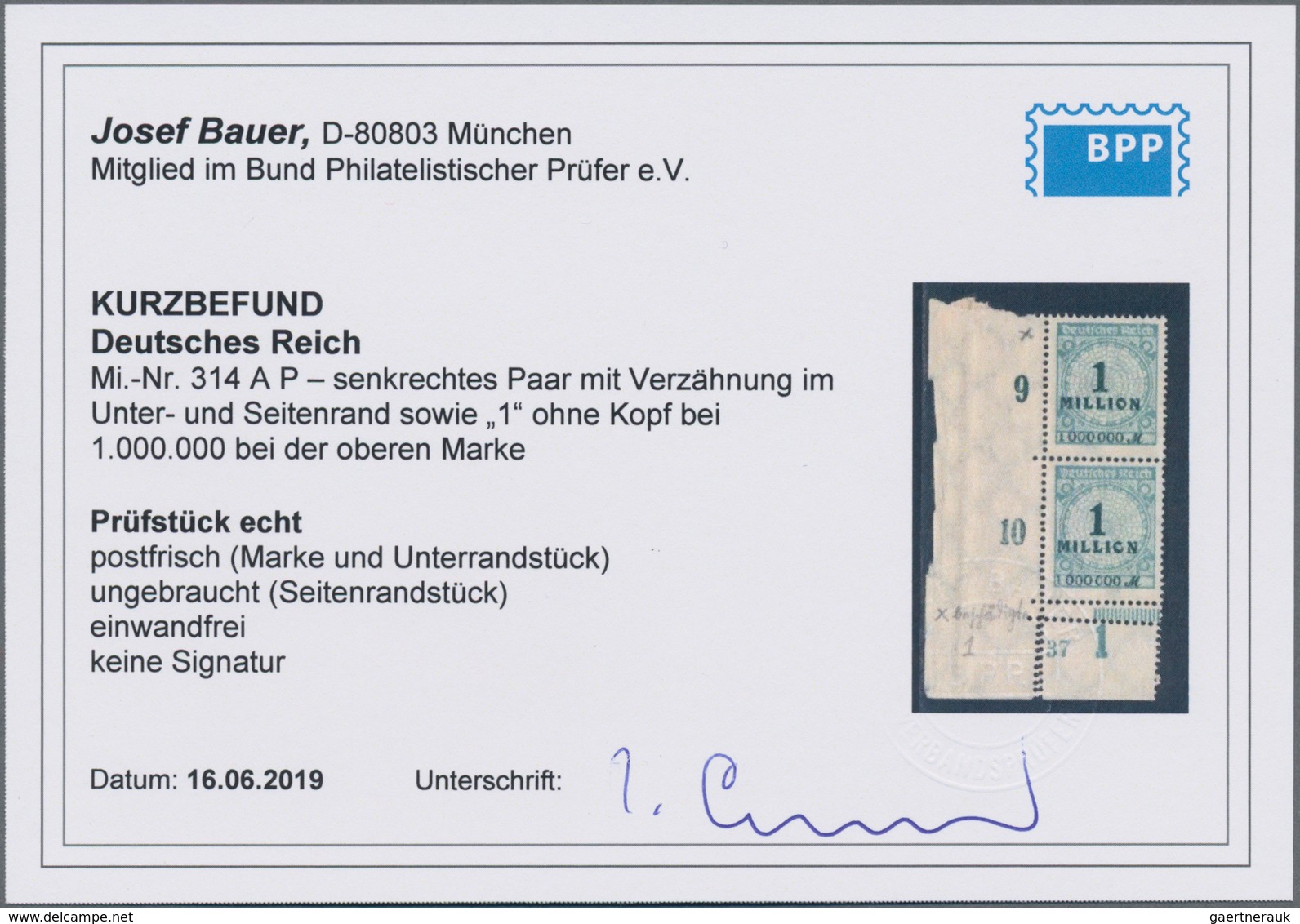 Deutsches Reich - Inflation: 1923, 1 MILLION Blaugrün, Eckrandpaar Unten Links Mit Verzähnung Im Unt - Ongebruikt