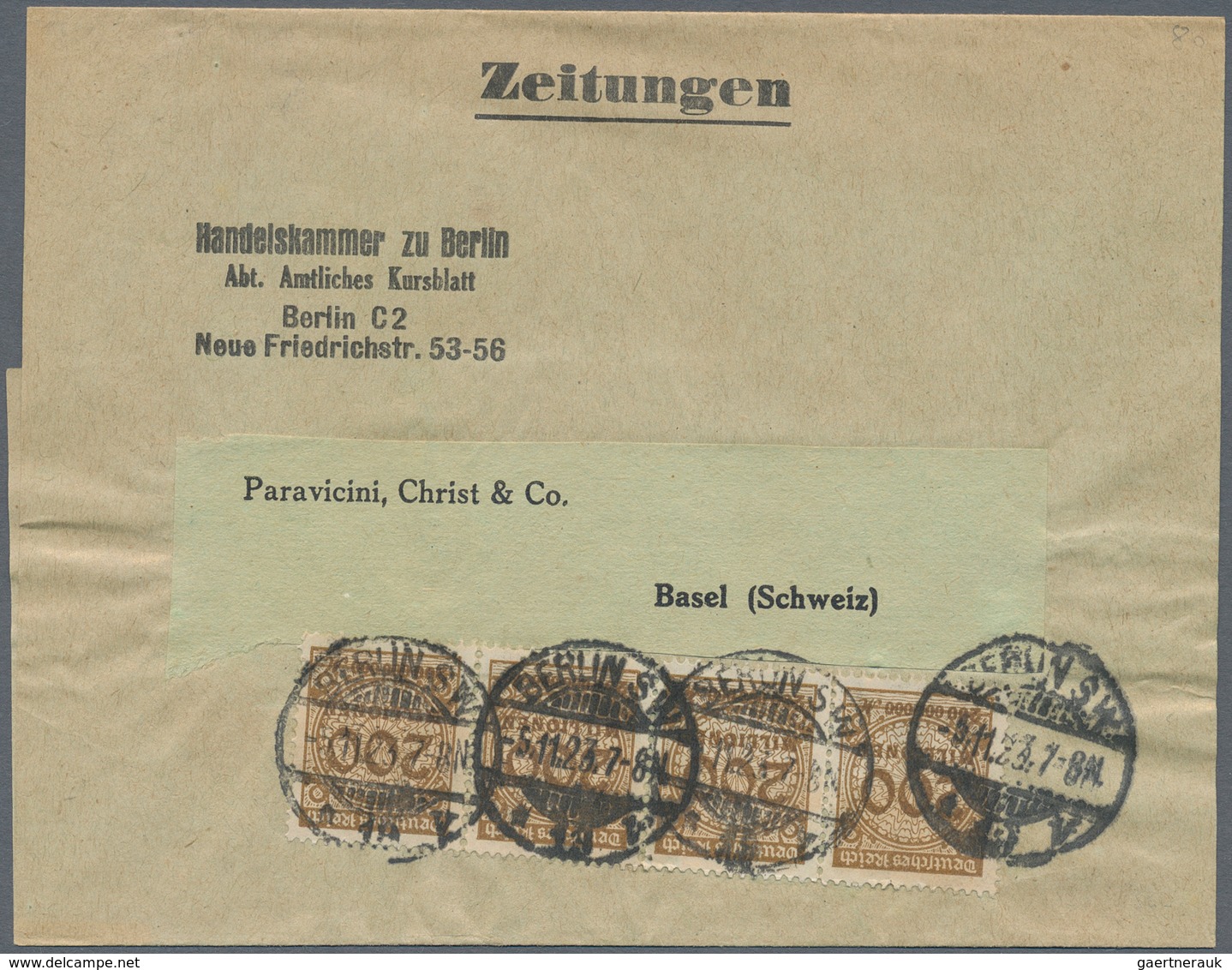 Deutsches Reich - Inflation: 1923, STREIFBAND , Berlin Nach Basel, SCHWEIZ. PORTOGERECHT 4 X 200Mio - Ongebruikt