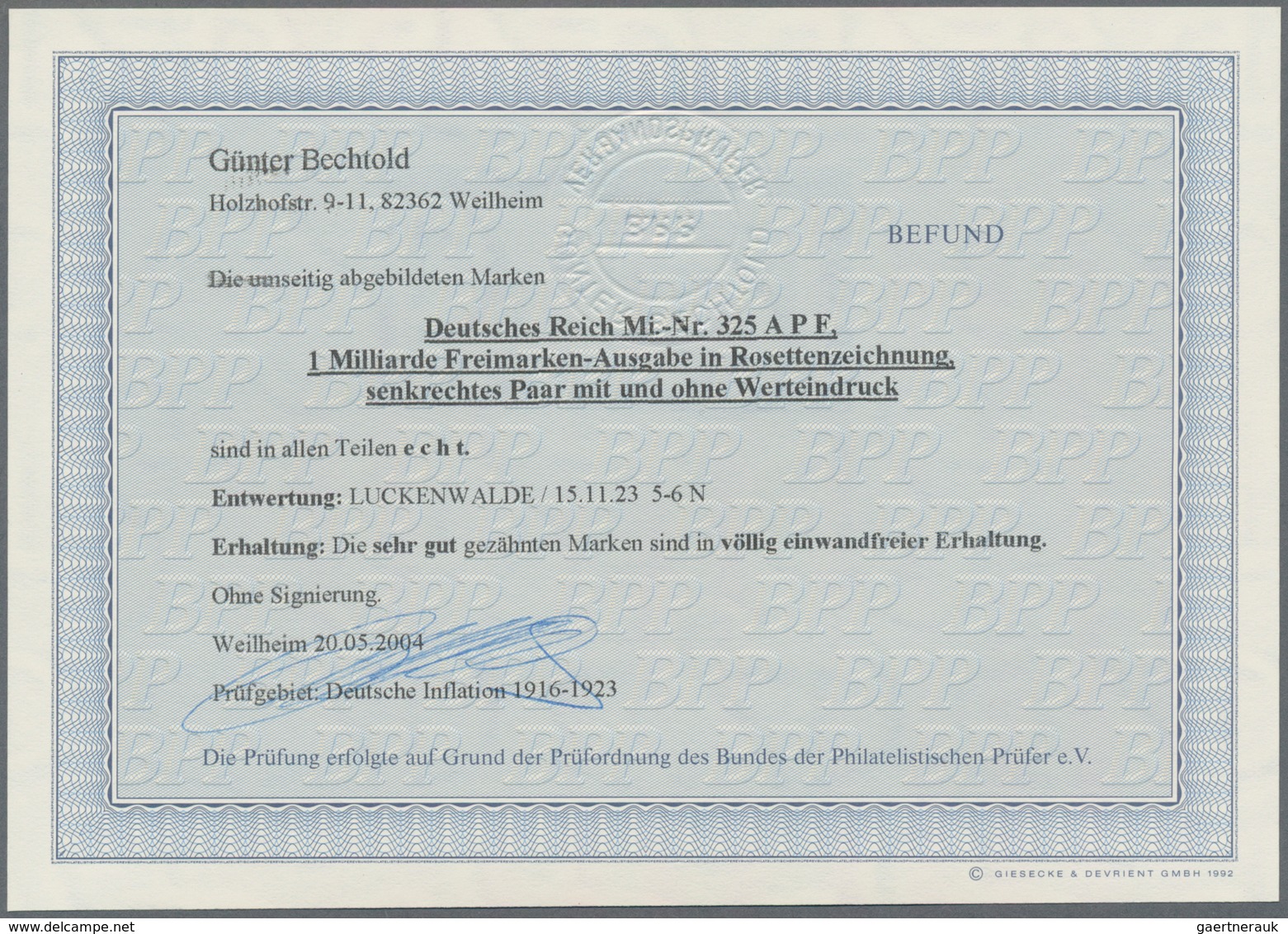 Deutsches Reich - Inflation: 1923, 1 Mrd Senkrechtes Paar, ABART OBERE MARKE OHNE WERTEINDRUCK. Tade - Ongebruikt