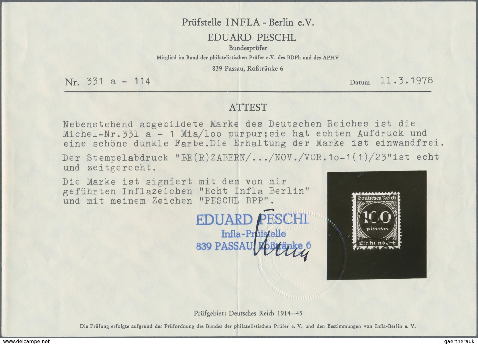 Deutsches Reich - Inflation: 1923, 1 Milliarde Auf 100 Mark Violettpurpur, Farbfrisches Und Bestens - Ongebruikt