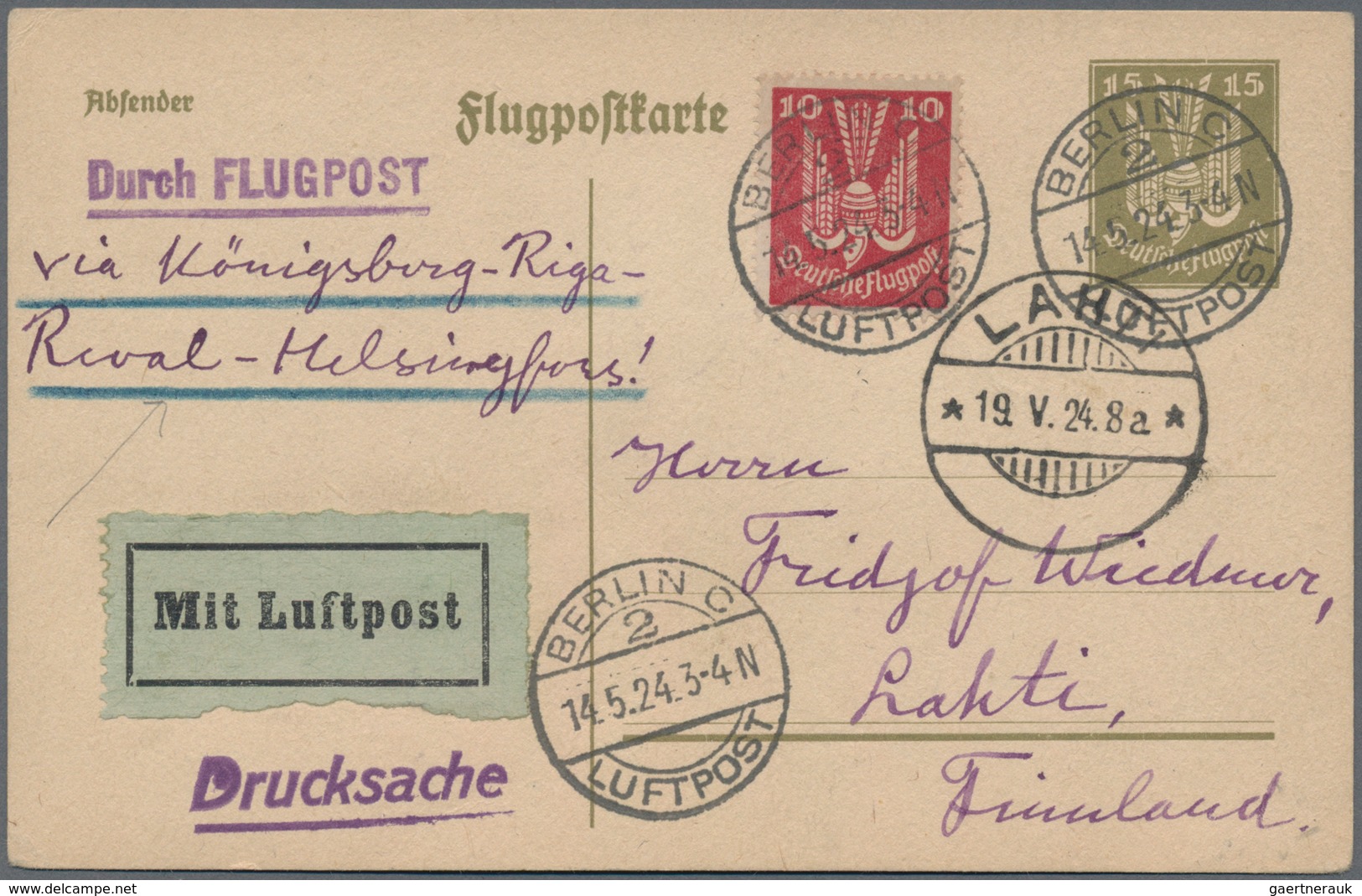 Deutsches Reich - Weimar: 1924, Holztaube 10 Pfg. Als Zus.-Frankatur Auf Entspr. Flugpostkarte, Berl - Other & Unclassified