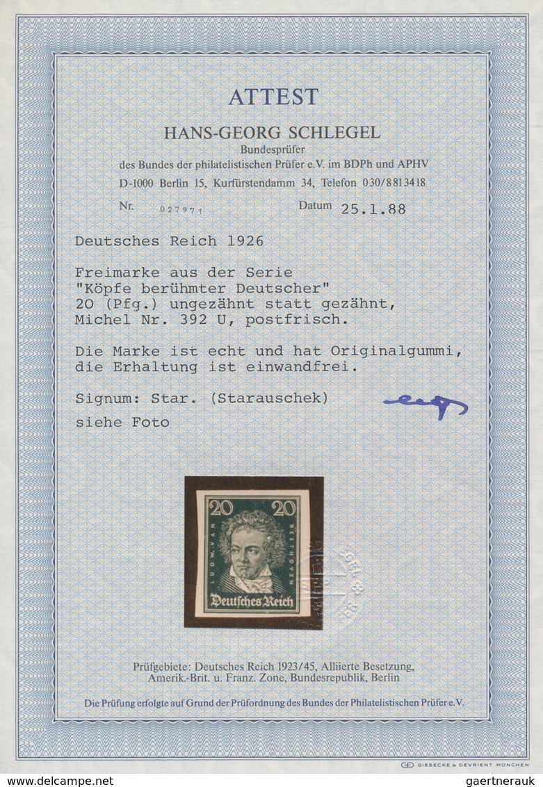 Deutsches Reich - Weimar: 1926 'Beethoven' 20 Pf. Grünlichblau, UNGEZÄHNT, In Tadellos Postfrischer - Sonstige & Ohne Zuordnung