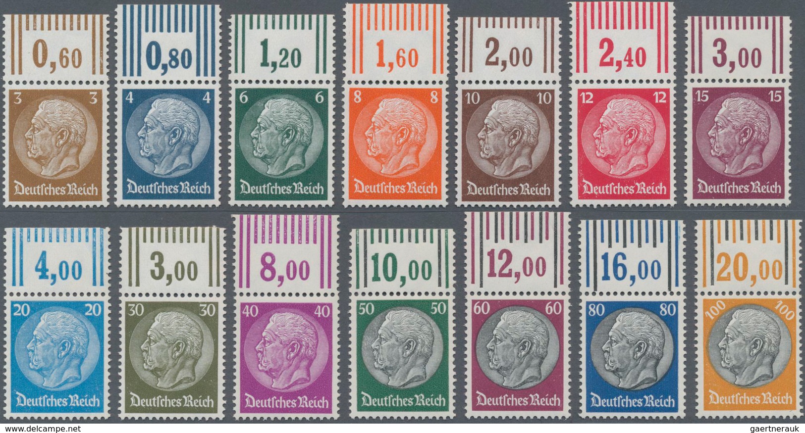 Deutsches Reich - 3. Reich: 1933, 3 - 100 (Pfg.) Hindenburg, Postfrischer Oberrandsatz, Ungefaltet, - Unused Stamps