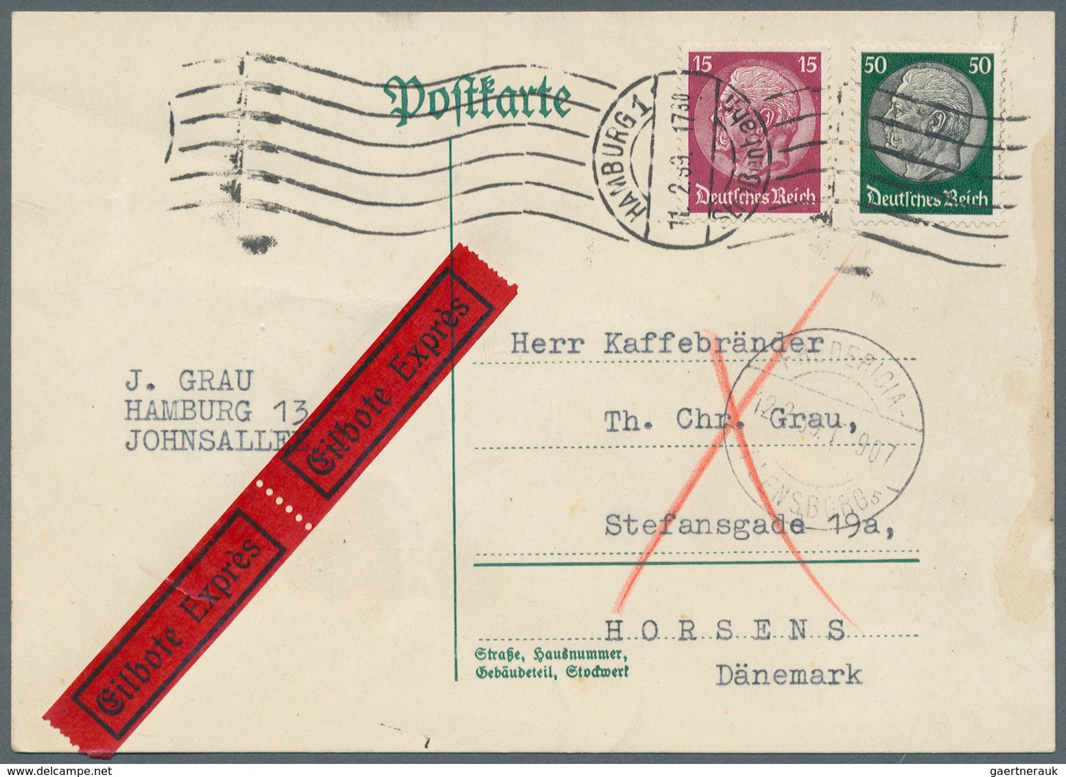 Deutsches Reich - 3. Reich: 1939, 11.2., Hindenburg 65 Pfg MiF Auf Eilkarte Mit Rollstempel HAMBURG - Ungebraucht