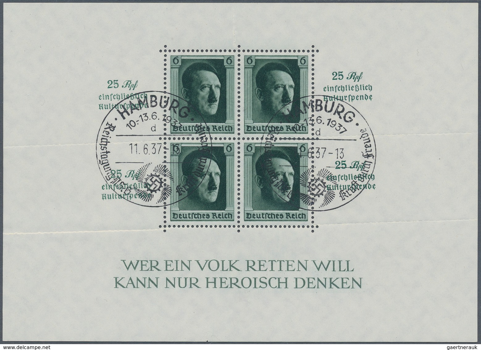 Deutsches Reich - 3. Reich: 1937, Blockausgabe Hitler/Kulturförderung Mit Sonderstempel „HAMBURG – R - Ongebruikt