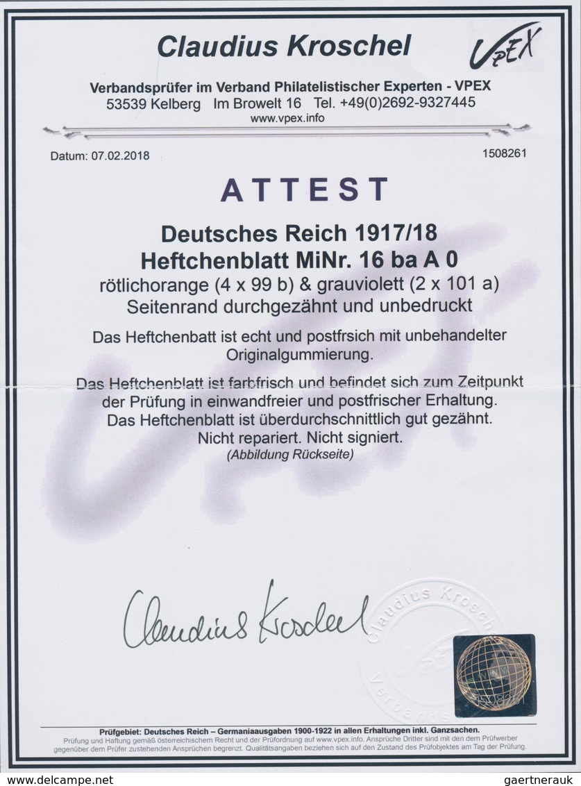 Deutsches Reich - Markenheftchenblätter: 1917, Heftchenblatt 7 ½ +15 Pfg. Germania Postfrisch, Durch - Libretti