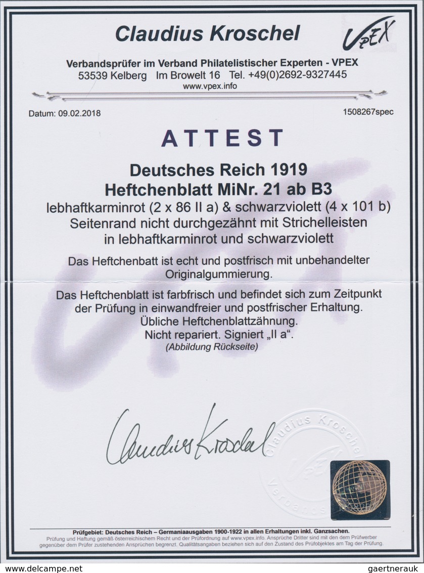 Deutsches Reich - Markenheftchenblätter: 1919, 4 Heftchenblätter 10 + 15 Pfg. Germania postfrisch, 2