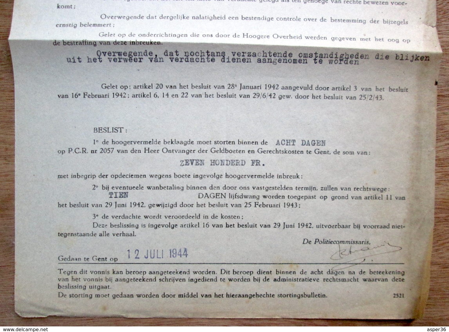 Administratieve Rechtsmacht In Eersten Aanleg, Botermarkt Gent, Proces-Verbaal Voor Theophiel Cocquyt 1944 - Verzamelingen