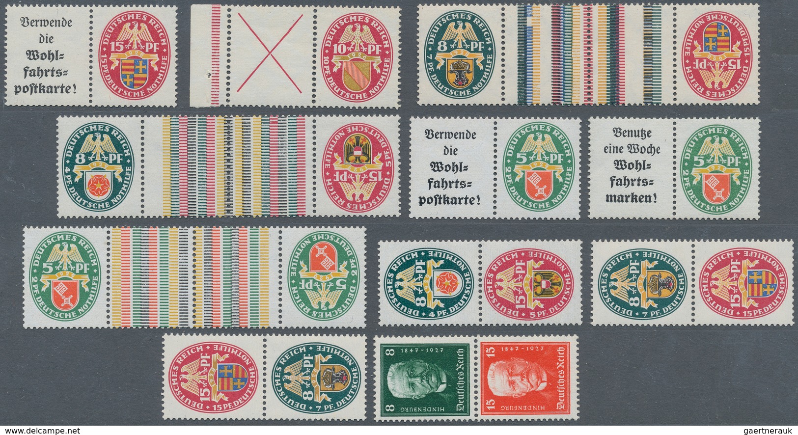 Deutsches Reich - Zusammendrucke: 1926-1929, Nothilfe Landeswappen II-IV Und Hindenburgspende, 11 Zu - Se-Tenant