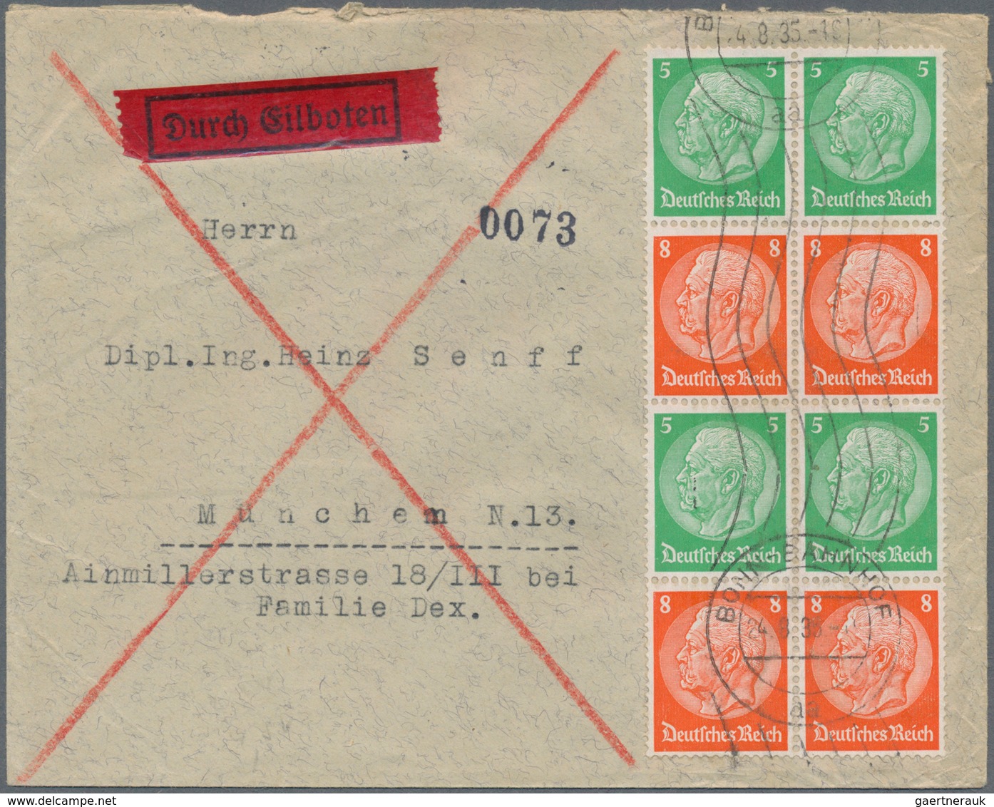 Deutsches Reich - Zusammendrucke: 1935, 5 Und 8 Pf Senkr. Zdr Im 8er-Block Auf ROHRPOST-Brief In MÜN - Se-Tenant