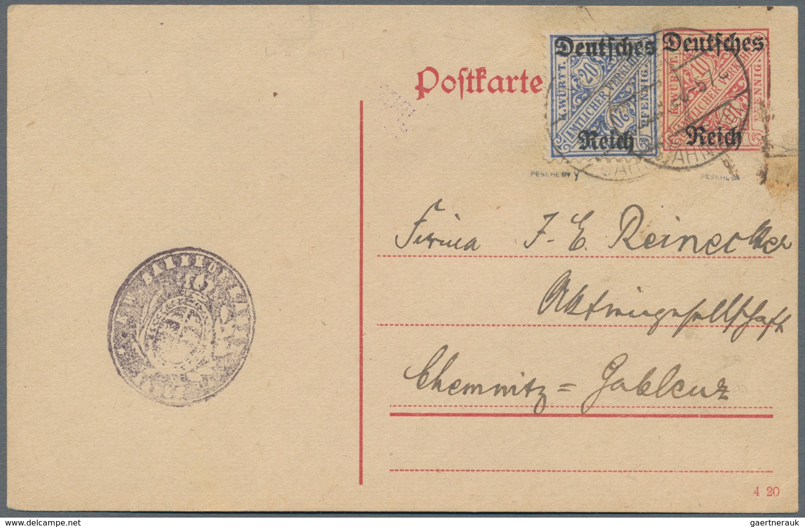 Deutsches Reich - Dienstmarken: 1920, 23.9., 20 Pfg. Dienstmarken Mit WZ Y (Ringe) Als Zusatzfrankat - Dienstzegels