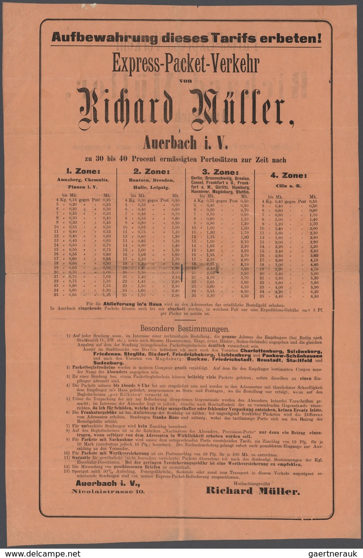Deutsches Reich - Privatpost (Stadtpost): AUERBACH, Extrem Seltenes Tarifblatt, Beidseitig Bedruckt - Private & Lokale Post