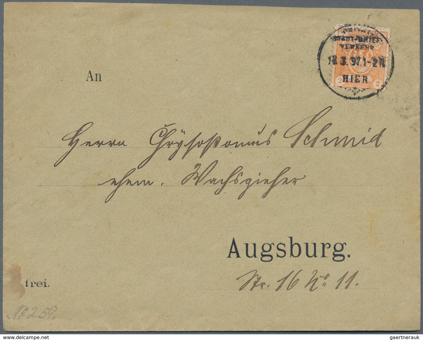 Deutsches Reich - Privatpost (Stadtpost): AUGSBURG: 1897, 2 Pfg. Orange Und Blau Der "Privat- Stadt- - Posta Privata & Locale