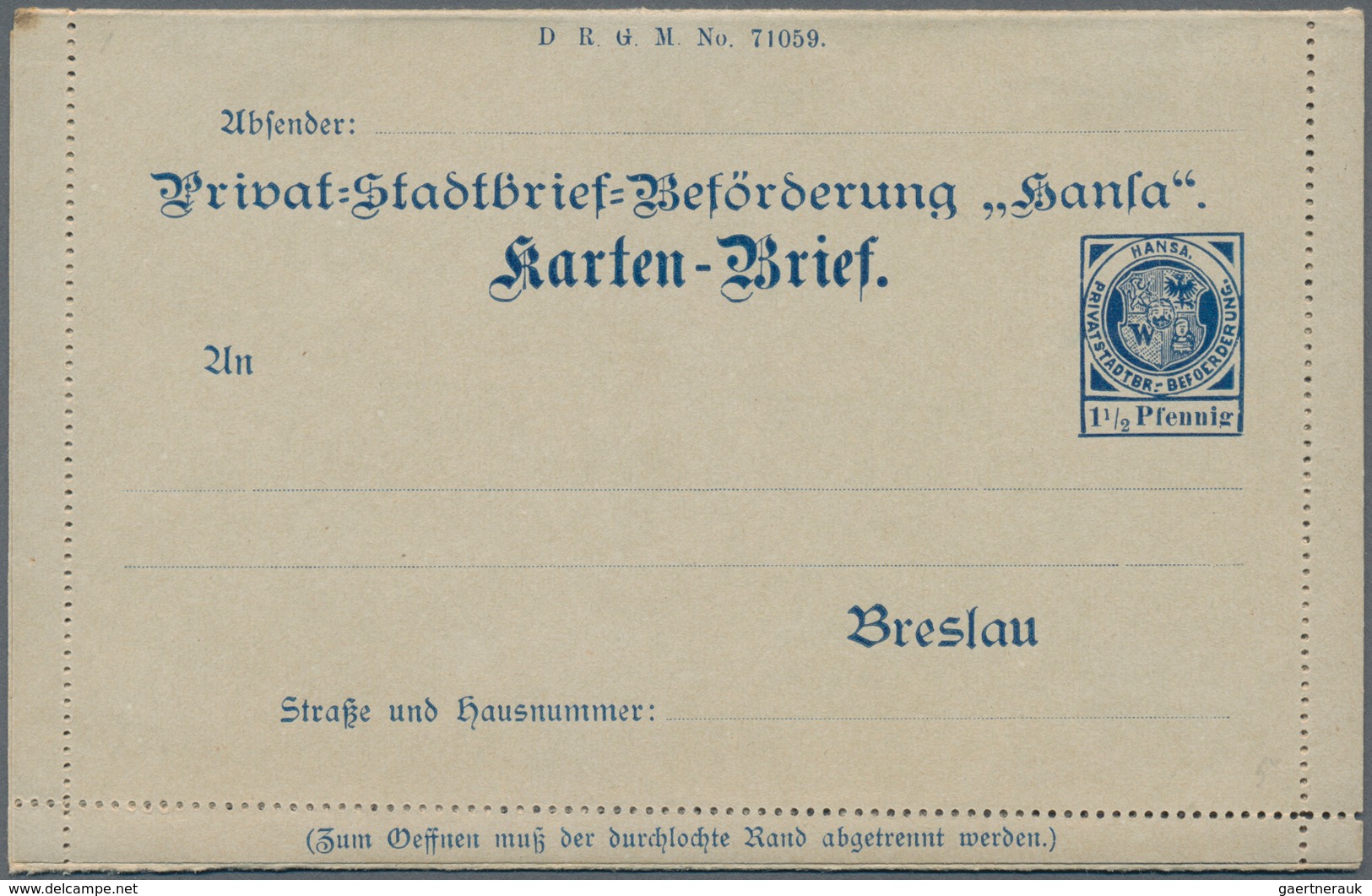 Deutsches Reich - Privatpost (Stadtpost): BRESLAU: 1 1/2 Pfg. Kartenbrief Der "Hansa", Rückseitig Un - Private & Lokale Post