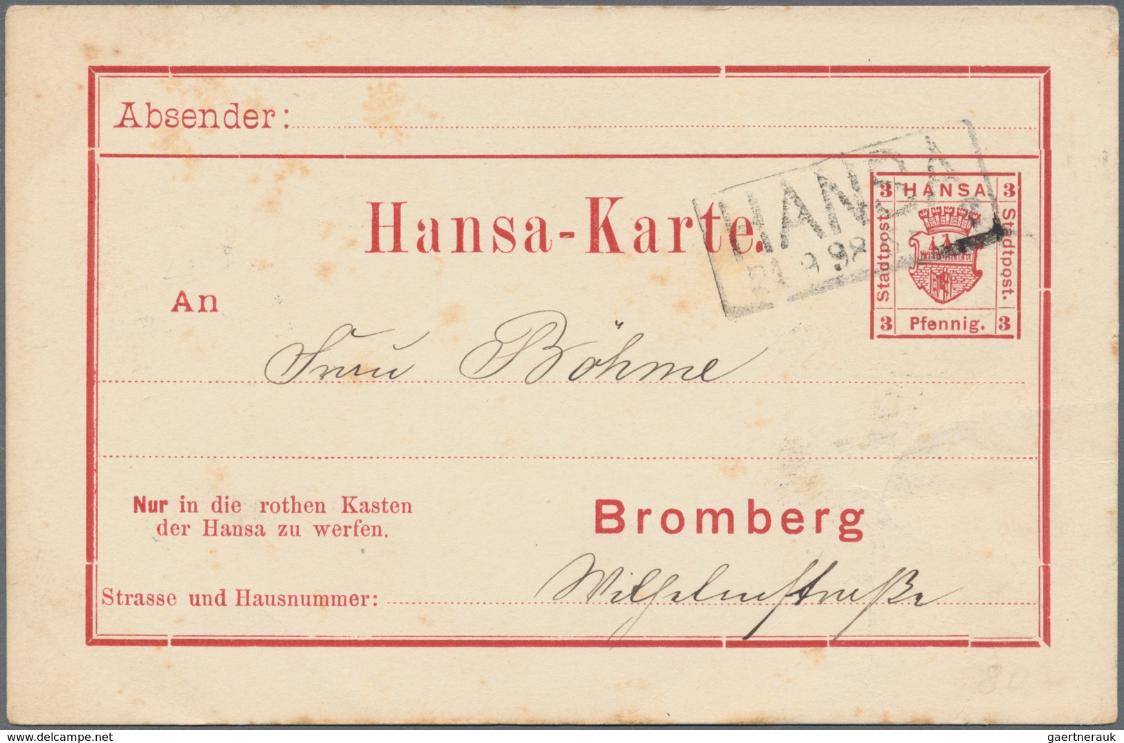 Deutsches Reich - Privatpost (Stadtpost): BROMBERG: Hansa, 2 Gebrauchte Karten (1x Kleine Fleckchen) - Privatpost