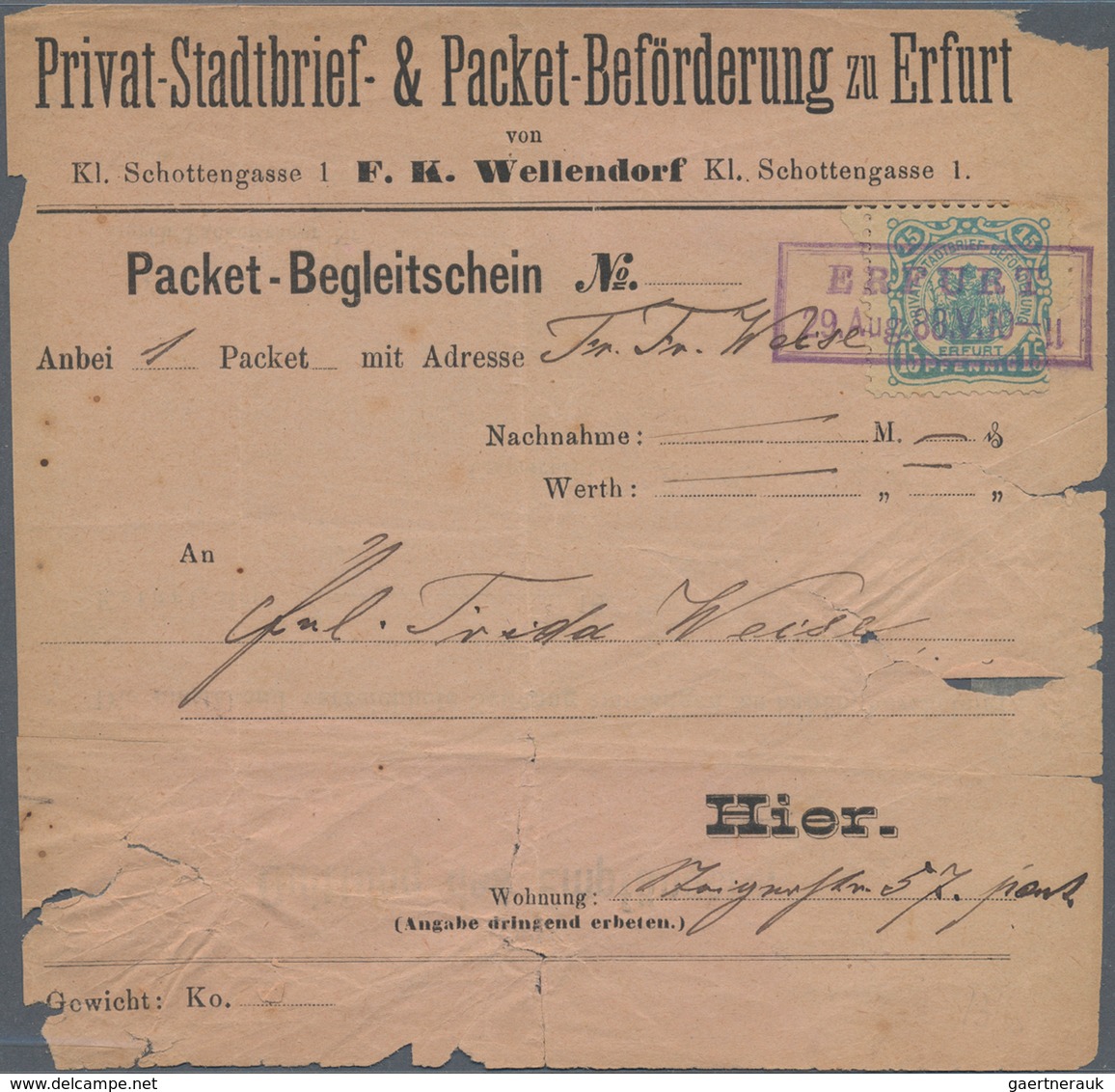 Deutsches Reich - Privatpost (Stadtpost): ERFURT: Privat-Stadtbrief-Beförderung, 2 Gebrauchte Ganzsa - Posta Privata & Locale