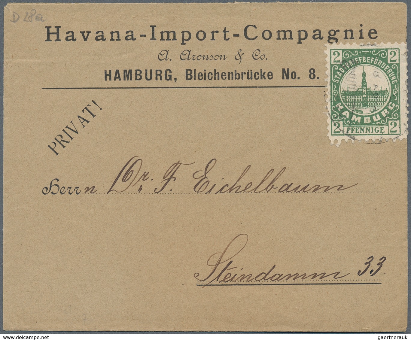 Deutsches Reich - Privatpost (Stadtpost): HAMBURG - Stadtbriefbeförderung: 1889, 3 Pf Rot Und 2 Pf G - Privatpost