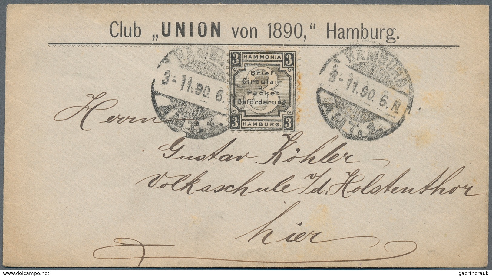 Deutsches Reich - Privatpost (Stadtpost): HAMBURG - Hammonia: 1890, 3 Pf Schwarz Auf Brief Vom Club - Private & Lokale Post