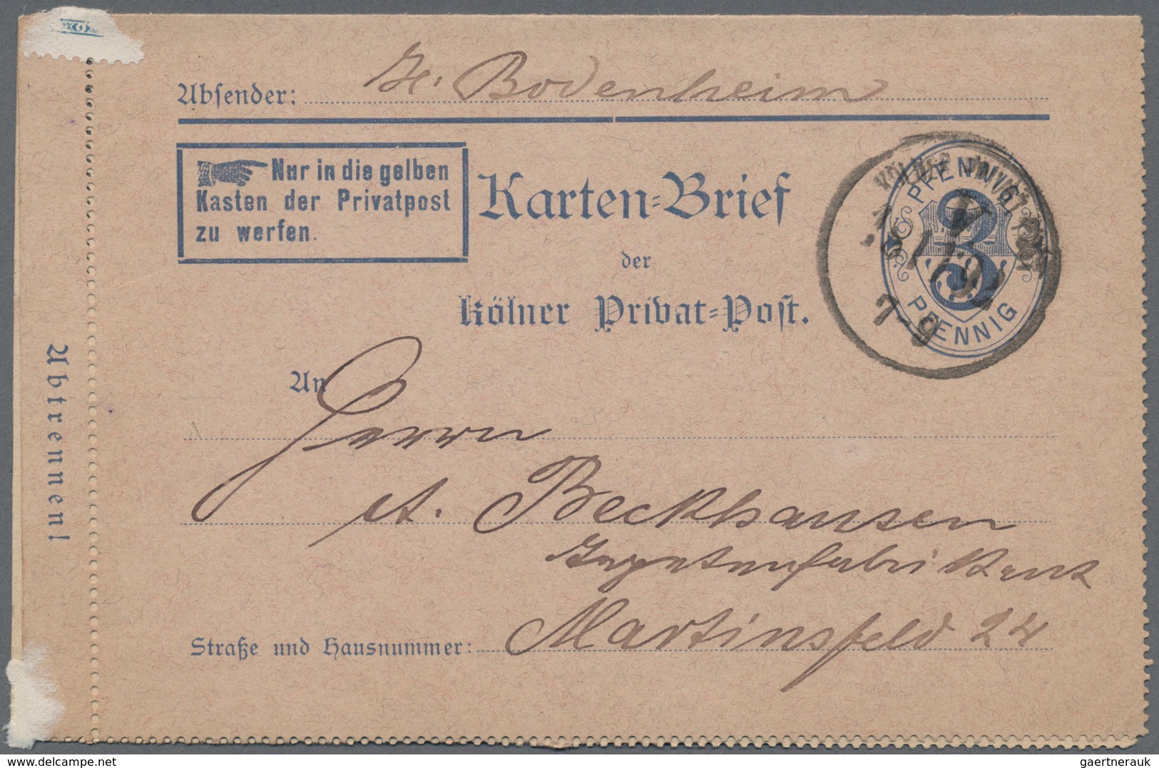 Deutsches Reich - Privatpost (Stadtpost): KÖLN: Privat-Brief-Verkehr, 3 Pfg. Dunkelblau, Bedarfsgebr - Posta Privata & Locale