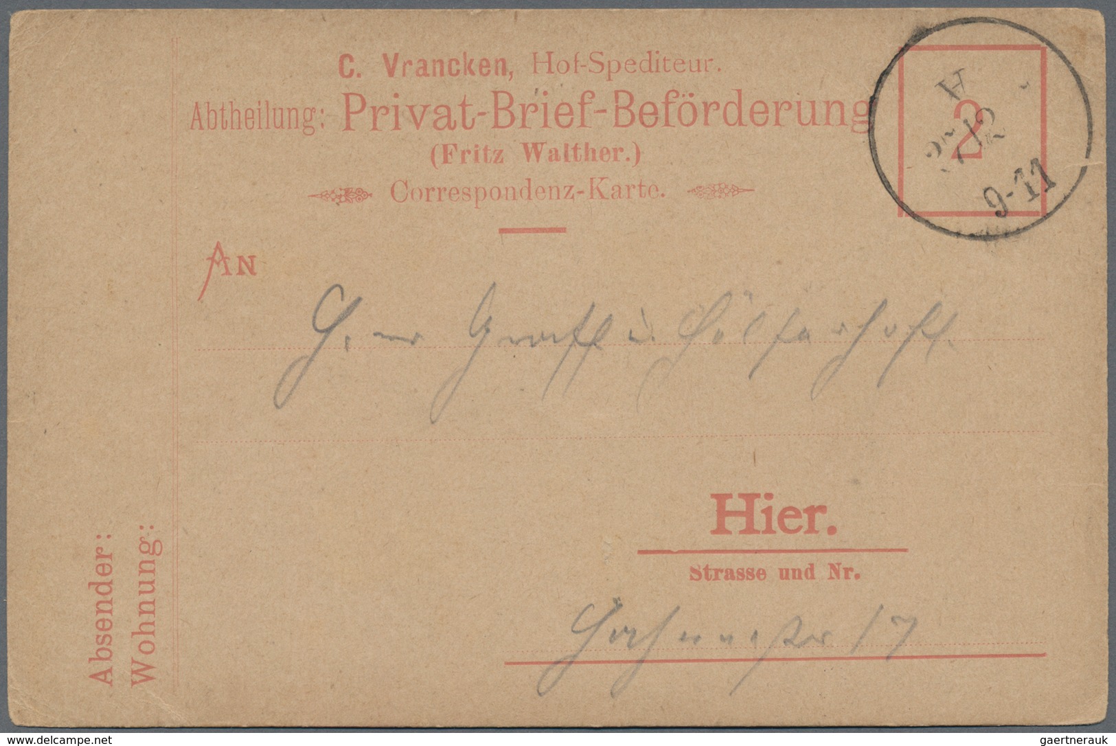 Deutsches Reich - Privatpost (Stadtpost): KÖLN: Privat-Brief-Verkehr, 2 (Pf) Rot, Ziffer Im Rechteck - Privatpost