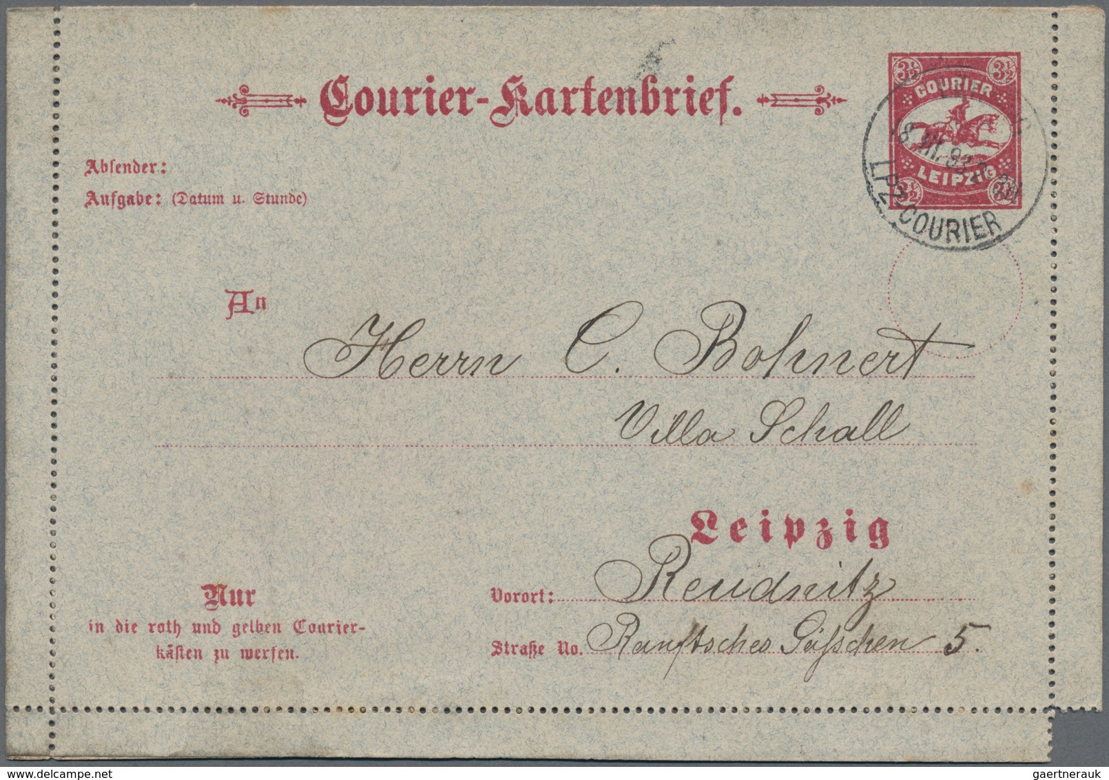 Deutsches Reich - Privatpost (Stadtpost): LEIPZIG: Courier Kartenbrief Mit "An", Rs. Kein Aufdruck, - Private & Lokale Post