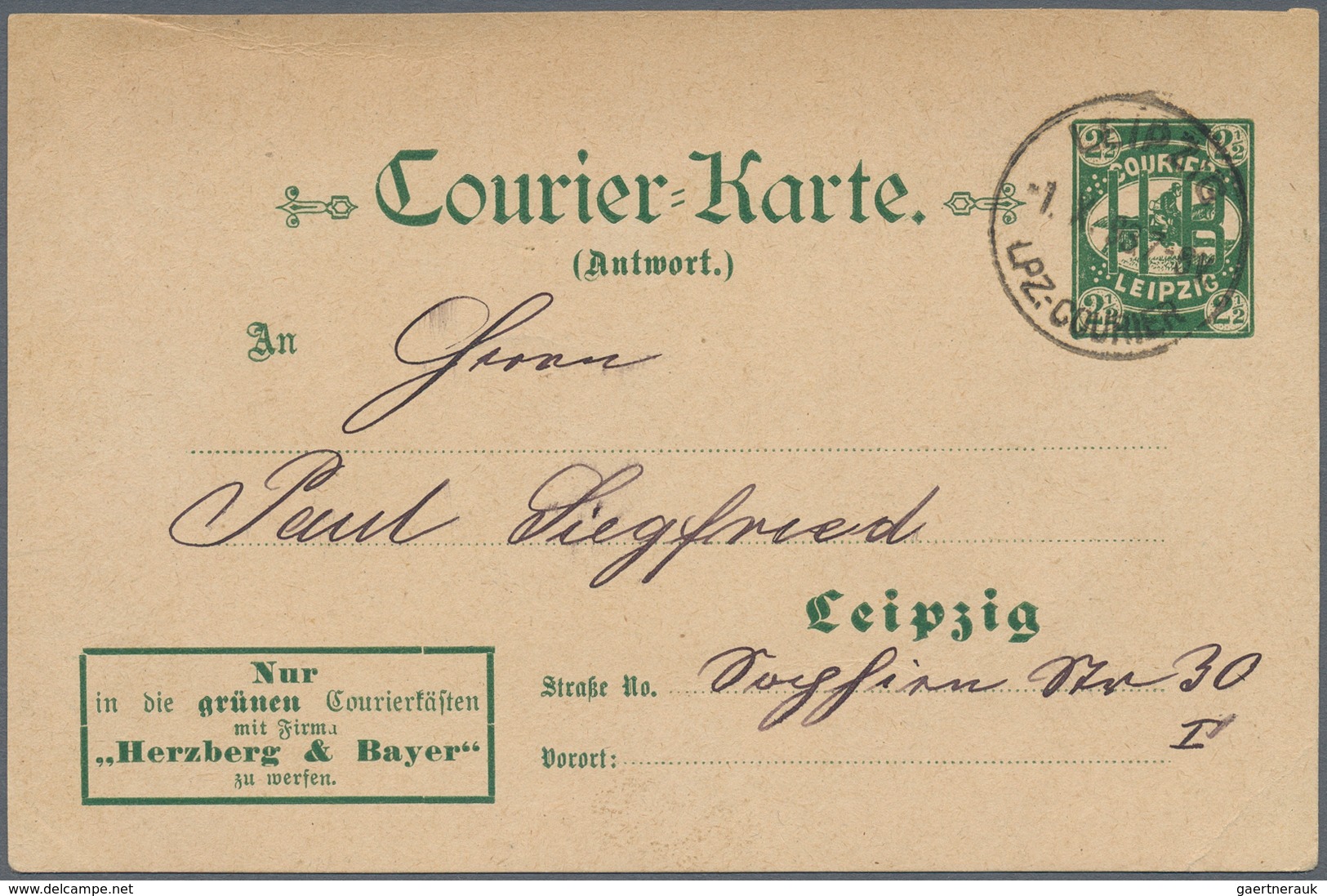 Deutsches Reich - Privatpost (Stadtpost): LEIPZIG: Courier H. B., Courier-Karte 21/2 Pfg. Braun, 1.8 - Privatpost