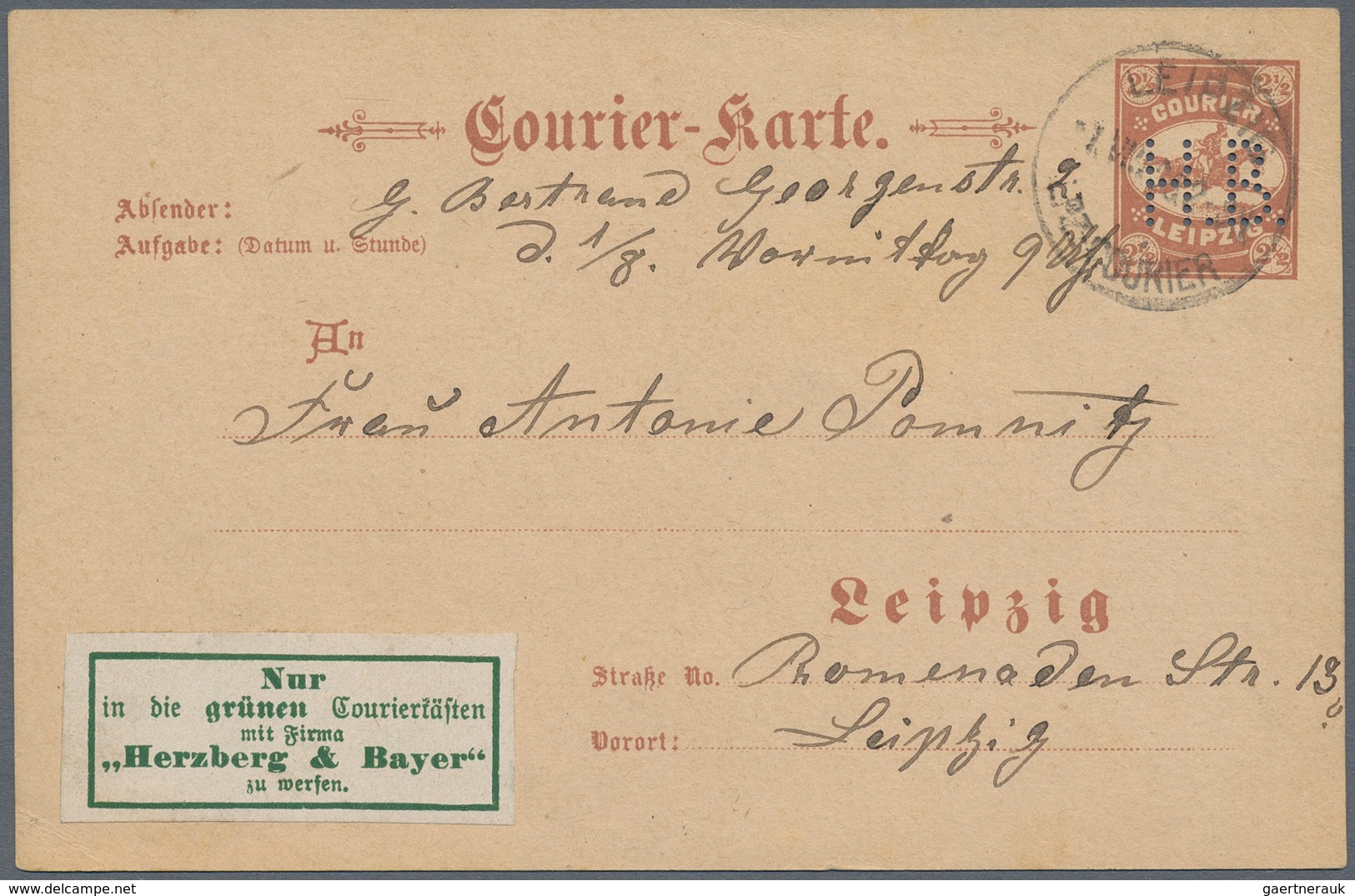 Deutsches Reich - Privatpost (Stadtpost): LEIPZIG: Courier H. B., Courier-Karte 21/2 Pfg. Braun, 1.8 - Private & Lokale Post